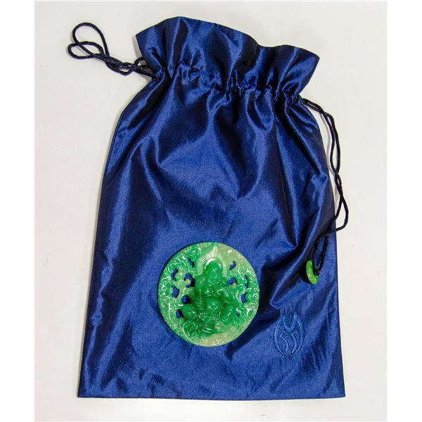 LUCKY BUDDHA IN BLUE SATIN BAG WITH JADE DISCS