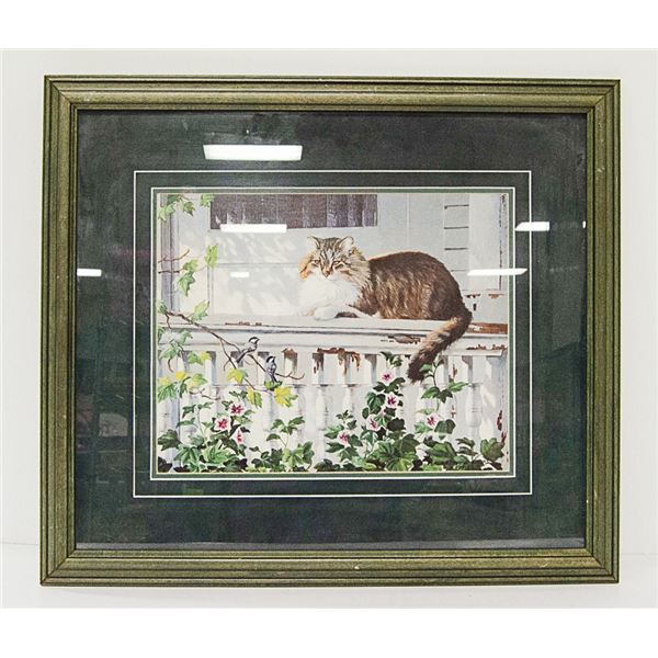 CAT ON FENCE FRAMED AND MATTED PRINT SIGNED