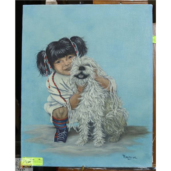 OIL ON CANVAS PICTURE OF CHILD AND A DOG