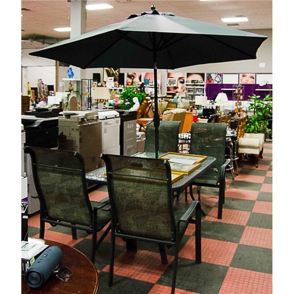 METAL PATIO SET- GLASS TABLE, 4 CHAIRS, UMBRELLA