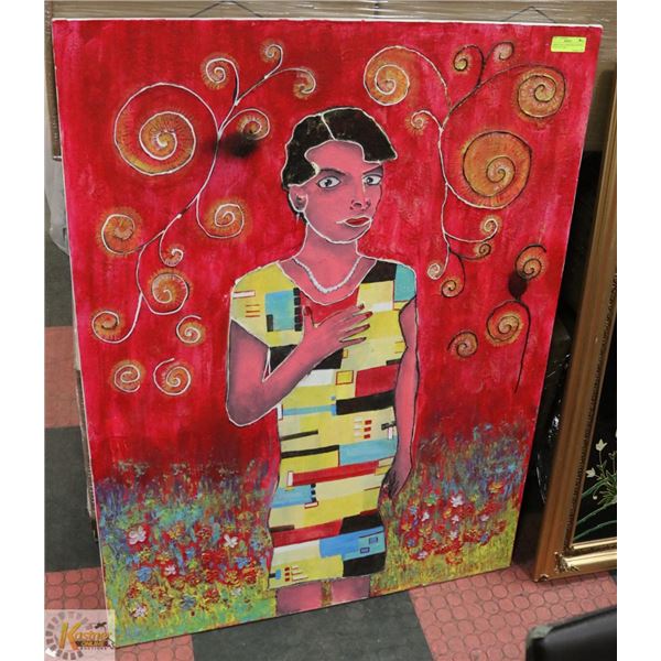 LARGE LADY IN RED OIL PAINTING - 4 FEET BY 3 FEET