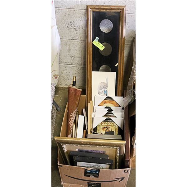 FULL BOX OF VINTAGE FRAMES, PRINTS AND STANDS