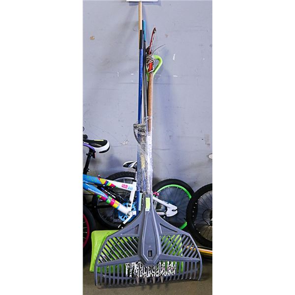 YARD TOOLS- RAKES, SHOVELS ETC. LOT