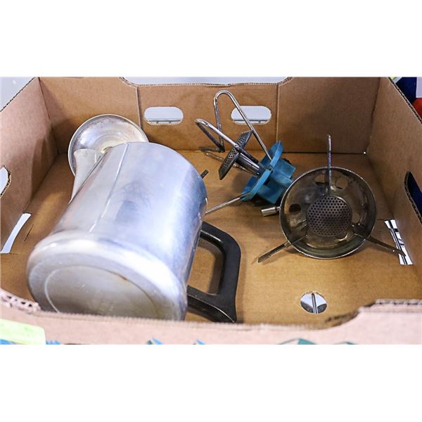 BOX W/ COFFEE PERCOLATOR & 2 PORT. PROPANE STOVES