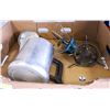 Image 1 : BOX W/ COFFEE PERCOLATOR & 2 PORT. PROPANE STOVES
