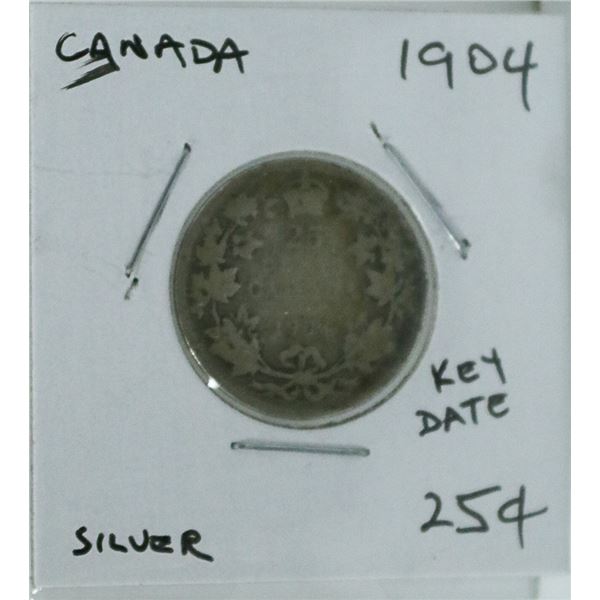 1904 CANADIAN TWENTY FIVE CENT SILVER COIN.