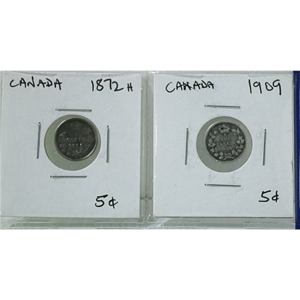 1872 CANADIAN & 1909 FIVE CENT SILVER COINS.