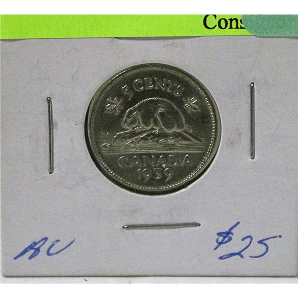 ABOUT UNCIRCULATED 1939 CANADIAN GVI 5 CENT COIN
