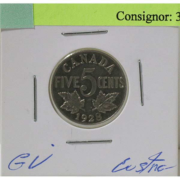 1928 CANADIAN GV 5 CENT COIN, HIGH GRADE LUSTER