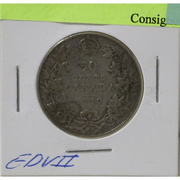 1910 CANADIAN EDWARD VII SILVER 50 CENT COIN