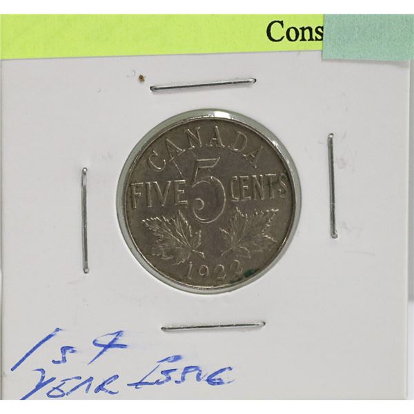 1922 CANADIAN GV 5 CENT COIN 1ST YEAR ISSUED