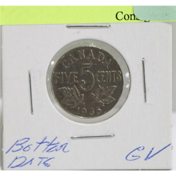 BETTER DATE 1935 CANADIAN GV 5 CENT COIN