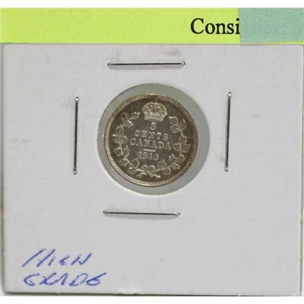 HIGH GRADE 1913 CANADIAN GV SILVER 5 CENT COIN