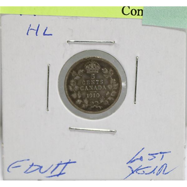 1910 CANADIAN EDWARD VII SILVER 5 CENT COIN LAST