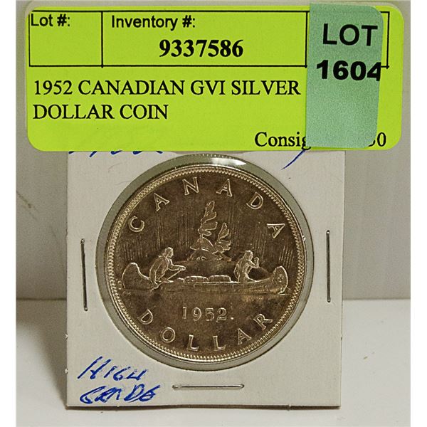 1952 CANADIAN GVI SILVER 1 DOLLAR COIN