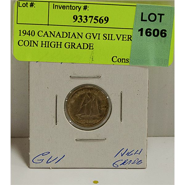 1940 CANADIAN GVI SILVER 10 CENT COIN HIGH GRADE