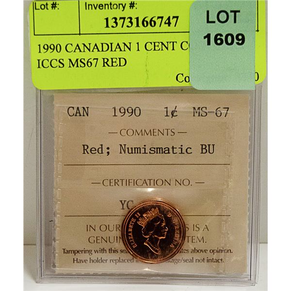 1990 CANADIAN 1 CENT COIN CERT ICCS MS67 RED