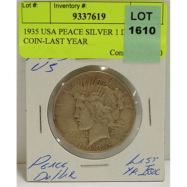 1935 USA PEACE SILVER 1 DOLLAR COIN-LAST YEAR