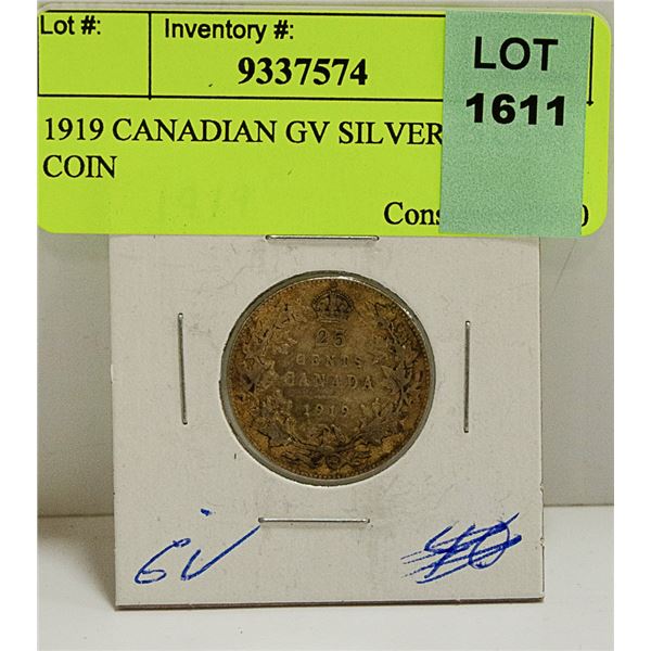 1919 CANADIAN GV SILVER 25 CENT COIN