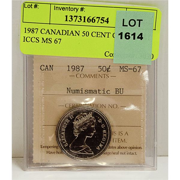 1987 CANADIAN 50 CENT COIN CERT ICCS MS 67