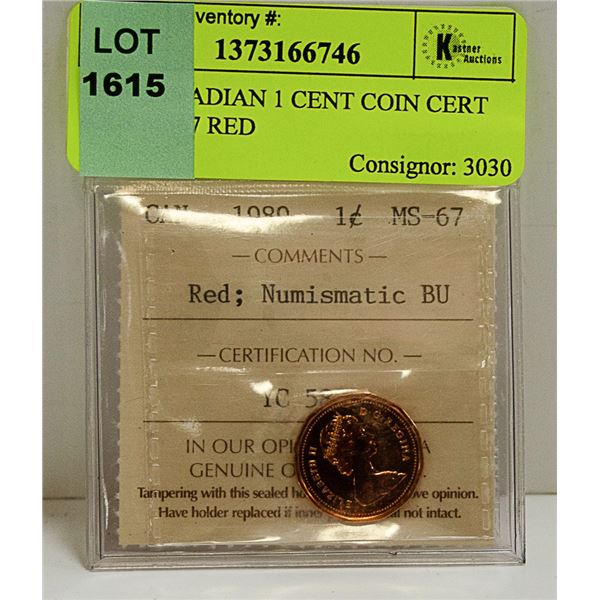 1989 CANADIAN 1 CENT COIN CERT ICCS MS67 RED