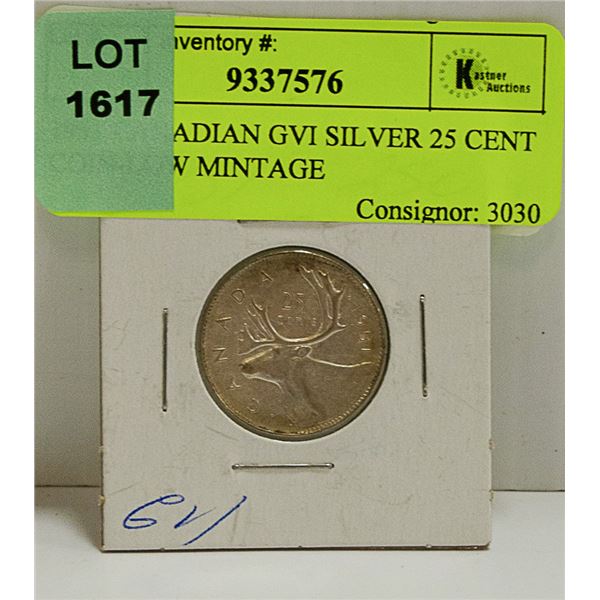 1951 CANADIAN GVI SILVER 25 CENT COIN