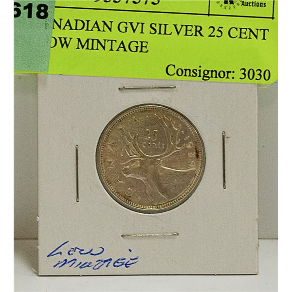 1939 CANADIAN GVI SILVER 25 CENT COIN-LOW MINTAGE