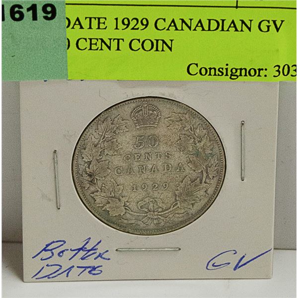 BETTER DATE 1929 CANADIAN GV SILVER 50 CENT COIN