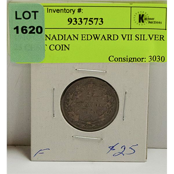 1910 CANADIAN EDWARD VII SILVER 25 CENT COIN