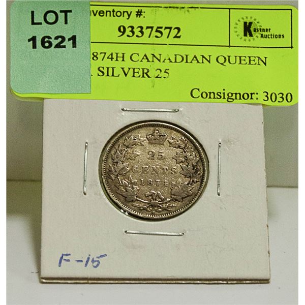 SCARCE 1874H CANADIAN QUEEN VICTORIA SILVER 25