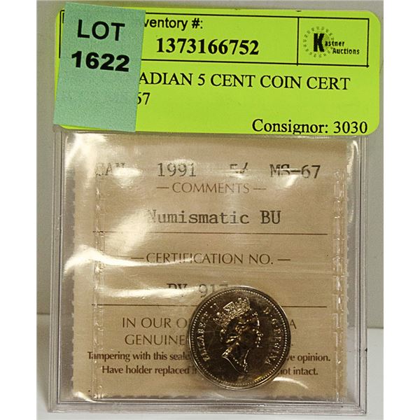 1991 CANADIAN 5 CENT COIN CERT ICCS MS 67