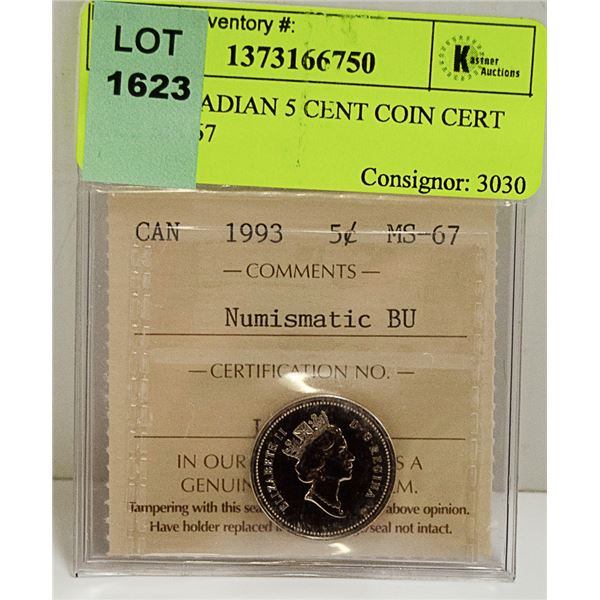 1993 CANADIAN 5 CENT COIN CERT ICCS MS 67