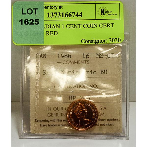 1986 CANADIAN 1 CENT COIN CERT ICCS MS67 RED