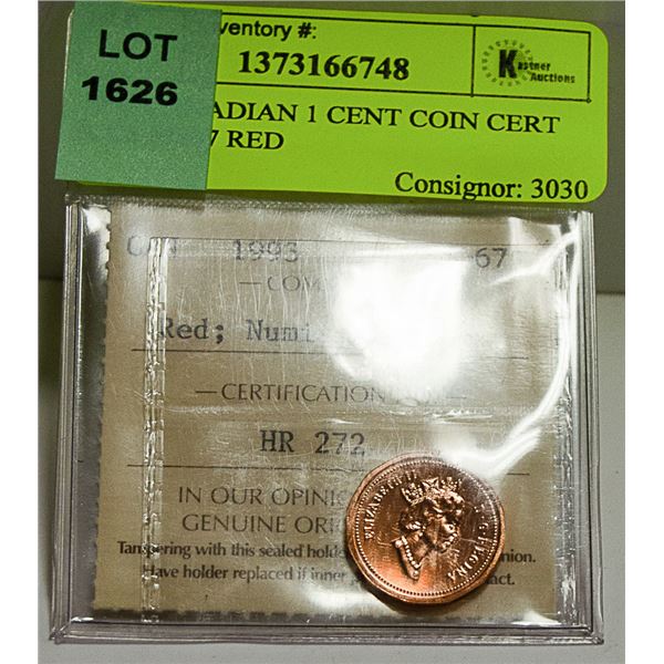 1993 CANADIAN 1 CENT COIN CERT ICCS MS67 RED