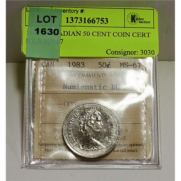 1983 CANADIAN 50 CENT COIN CERT ICCS MS 67