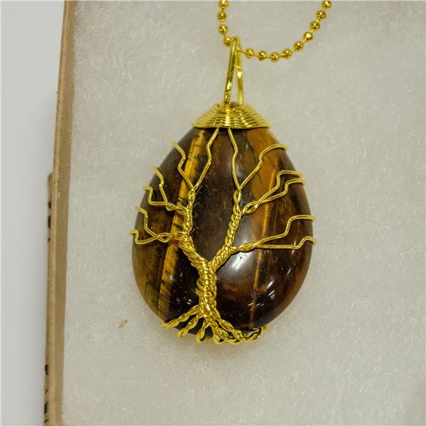 TIGERS EYE STONE TREE OF LIFE WRAPPED NECKLACE