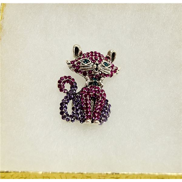 CAT AND OWL RHINESTONE BROOCH