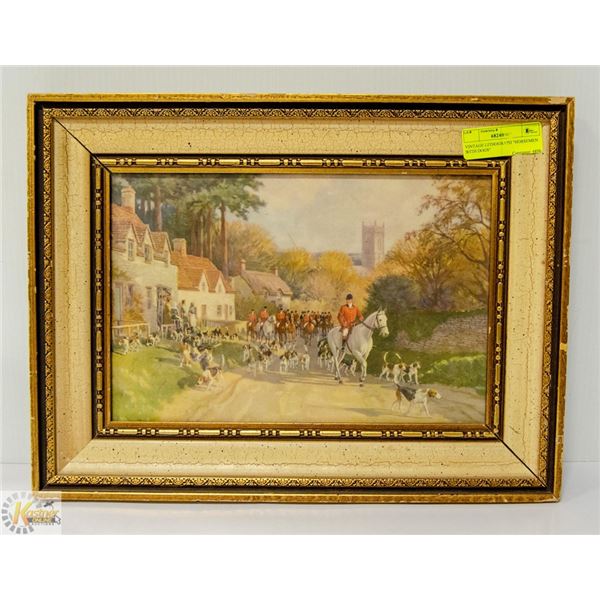 VINTAGE LITHOGRAPH "HORSEMEN  WITH DOGS"