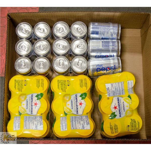 FLAT LOT OF CANS OF POP AND JUICE