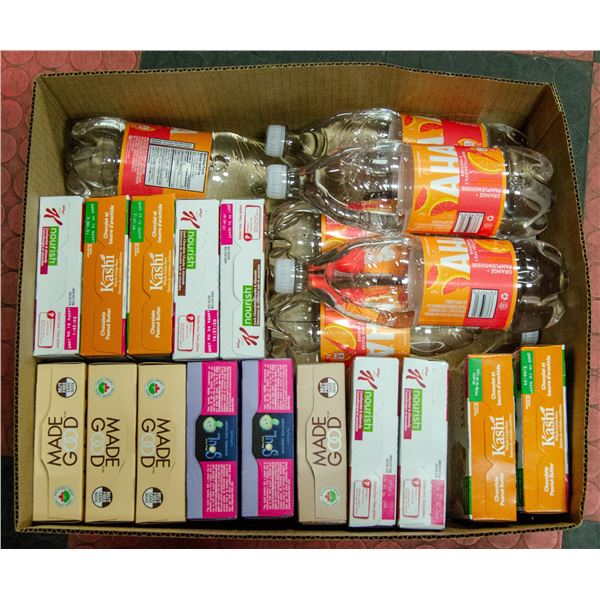 FLAT LOT OF GRANOLA BARS AND SPARKLING WATER