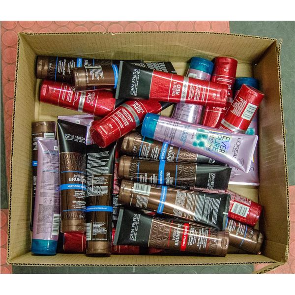 FLAT LOT OF VARIOUS SHAMPOO BOTTLES