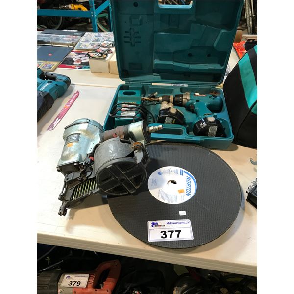 HITACHI AIR NAILER, MAKITA CORDLESS DRILL AND 14" GRINDING WHEELS