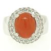Image 1 : 14kt White Gold Oval Cabochon Red Coral Ring w/ 2.10 ctw Diamond Halo