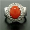 Image 7 : 14kt White Gold Oval Cabochon Red Coral Ring w/ 2.10 ctw Diamond Halo
