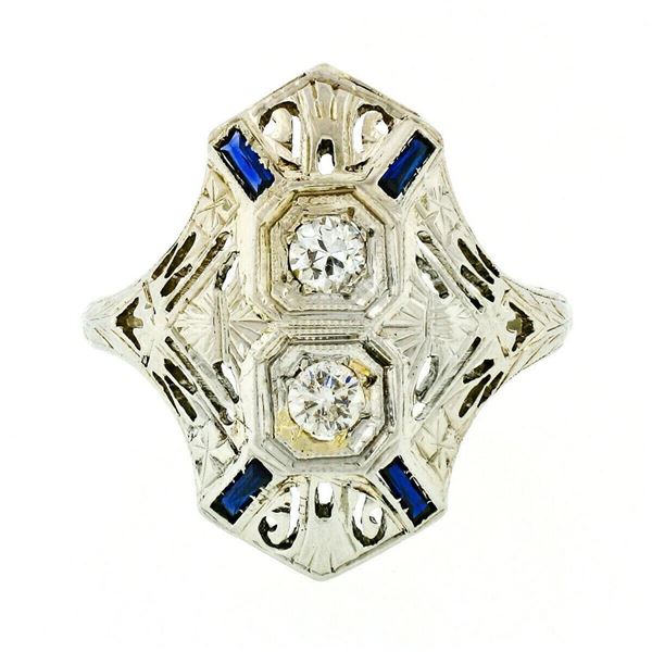 Art Deco 18kt White Gold Euro Cut Diamond & Sapphire Filigree Dinner Ring