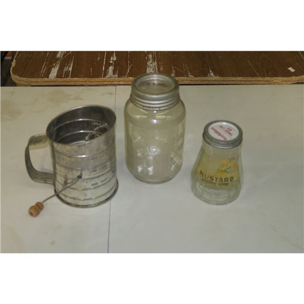 Vintage Flour Sifter, Mustard Jar, Nabob Jar