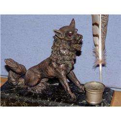 19c Silver Wolf Ink Well Pen Tray Ruby Eyes  #1801051