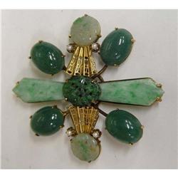 14kt Gold Jade Pearl Brooch Pendant Flower #1801058