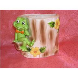 Vintage Lefton Thinking Frog Tree Stump Planter#1812302