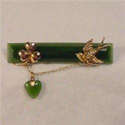 Jade and Gold Good Luck and Love Bar Brooch, #1812337